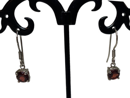 Sterling Silver 925 Red Glass Inset Faceted Pierced Hook Earrings 1" Drop Dangle