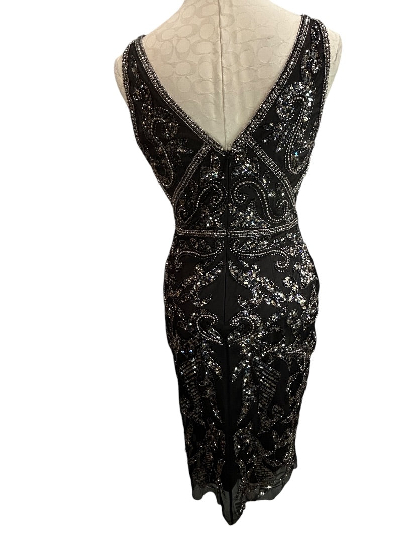 Size 6 Adrianna Papell New Beaded Black Sheath Dress Pewter Silver Beading Sleeveless