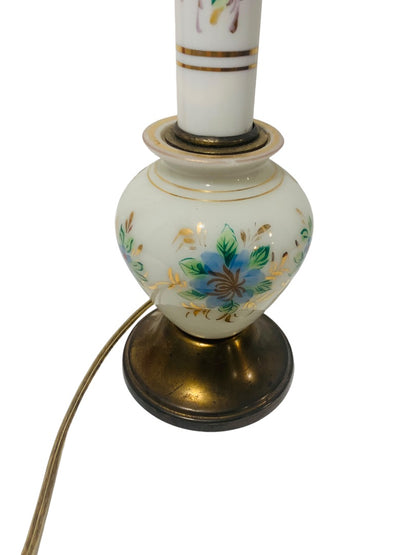 Vintage Milk Glass Painted Floral Table Lamp Blue Yellow Gold Trim Works 18.75"h