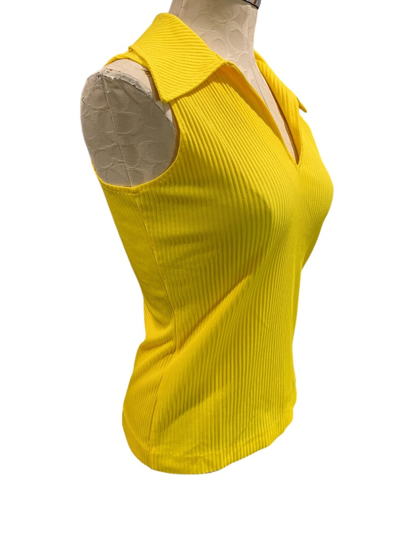 Medium devon Womens Yellow 1960s Ribbed Tank Top Collar V-Neck Sleeveless Shirt