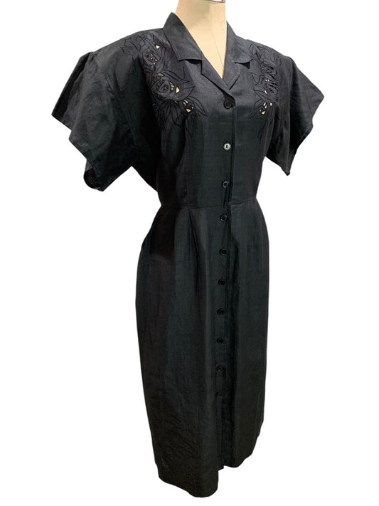 Size 10 Axiom Vintage 1990s Silk Blend Black Eyelet Dress Pockets