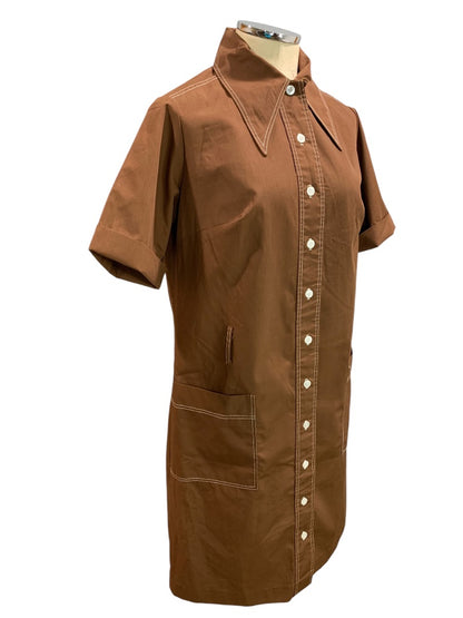 Size 16.5 Vintage 1970s House Dress Brown Cotton Dacron Blend Pockets Pointed Collar