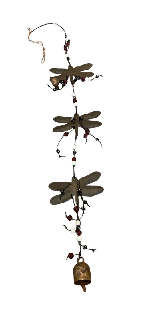 Rustic 30" Metal Dragonfly Bell Glass Beads 4.5 Inch Wingspan