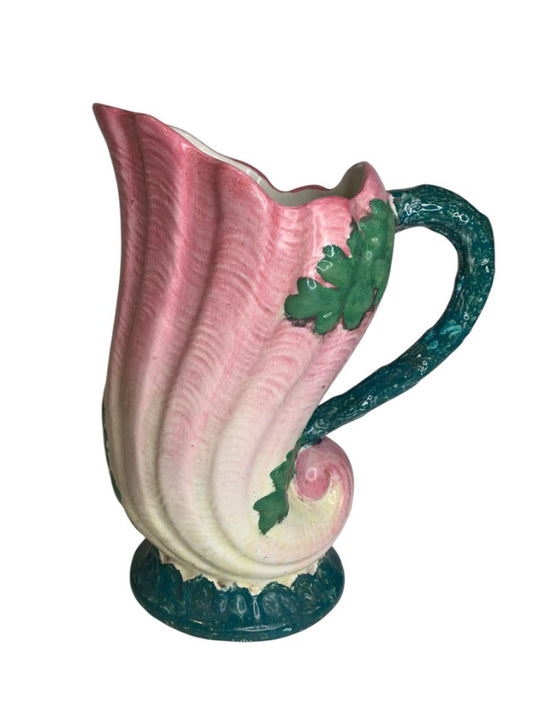 Majolica Pitcher Pink Green Marked Vintage Leaf 9 Inch Ornate