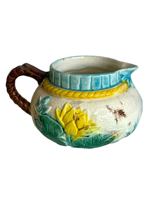 English Majolica Creamer Pond Lily and Rope Antique