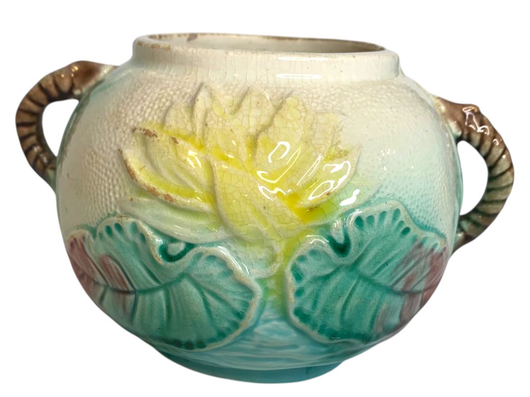 English Majolica Sugar Bowl Pond Lily and Rope Antique