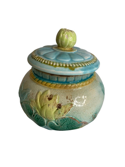 Antique Majolica Water Lily Lidded Jar Pot 5.25 Inch