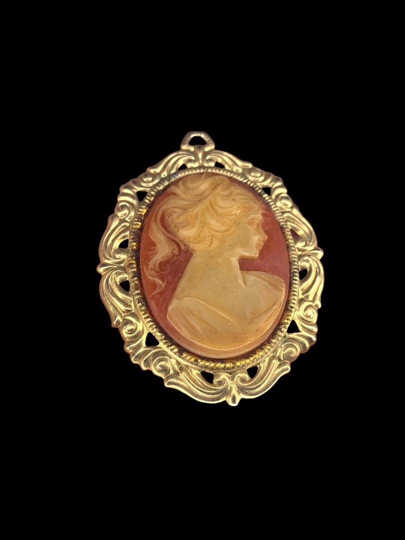 Vintage Cameo Pendant Goldtone Pink Statement 2.25 Inches