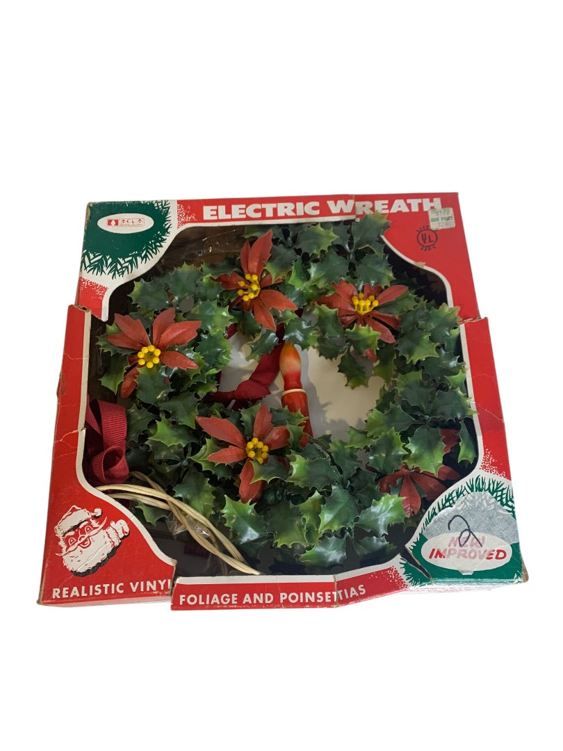 Vintage Christmas Electric Wreath Poinsettia Red Candle Original Box ACLA