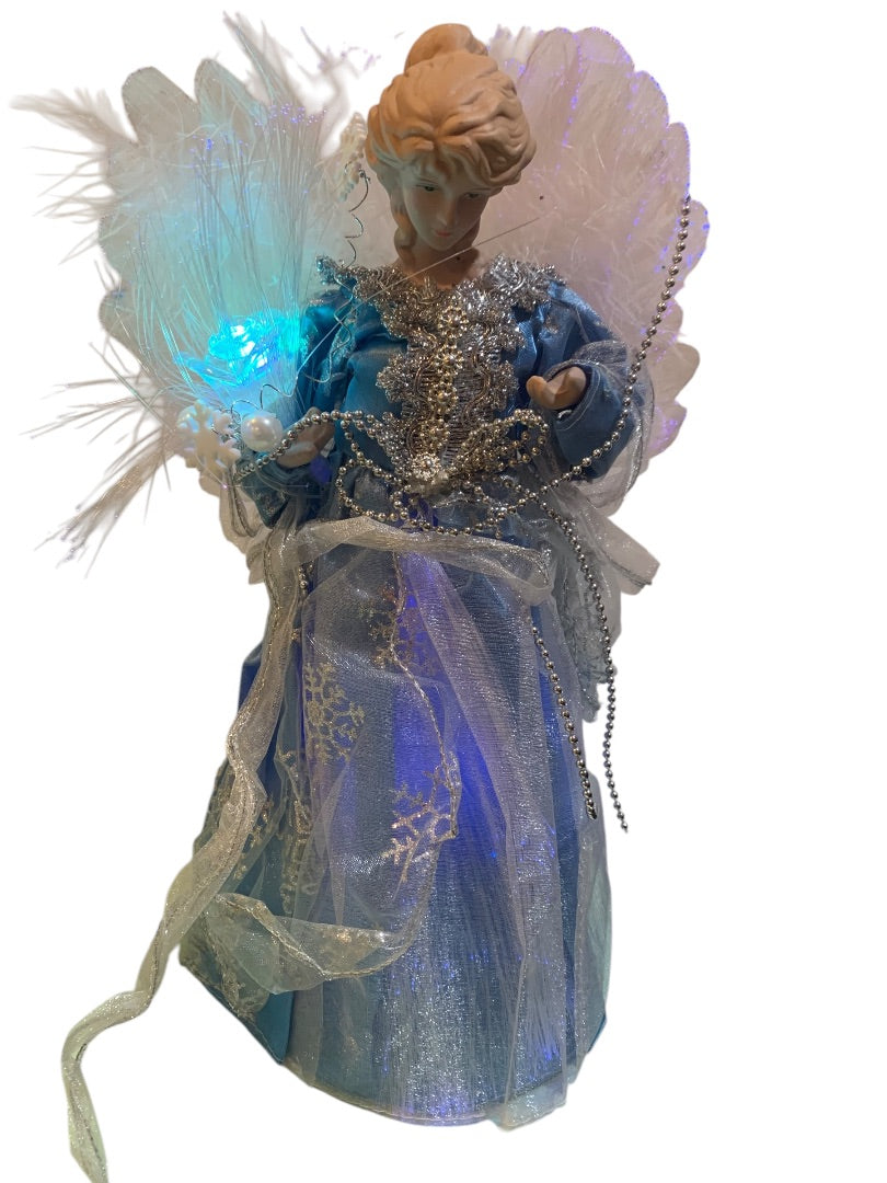 Vintage Fiber Optic Angel Fancy Tree Topper Blue Porcelain Head 13 Inch