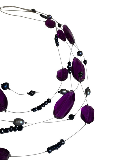 Multistrand Purple Beaded Wire Necklace 16-18 Inch