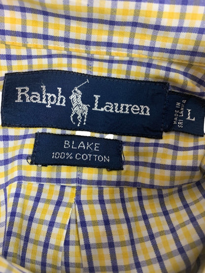 Large Ralph Lauren Mens Blake Button Down Shirt Short Sleeve Yellow Blue Plaid