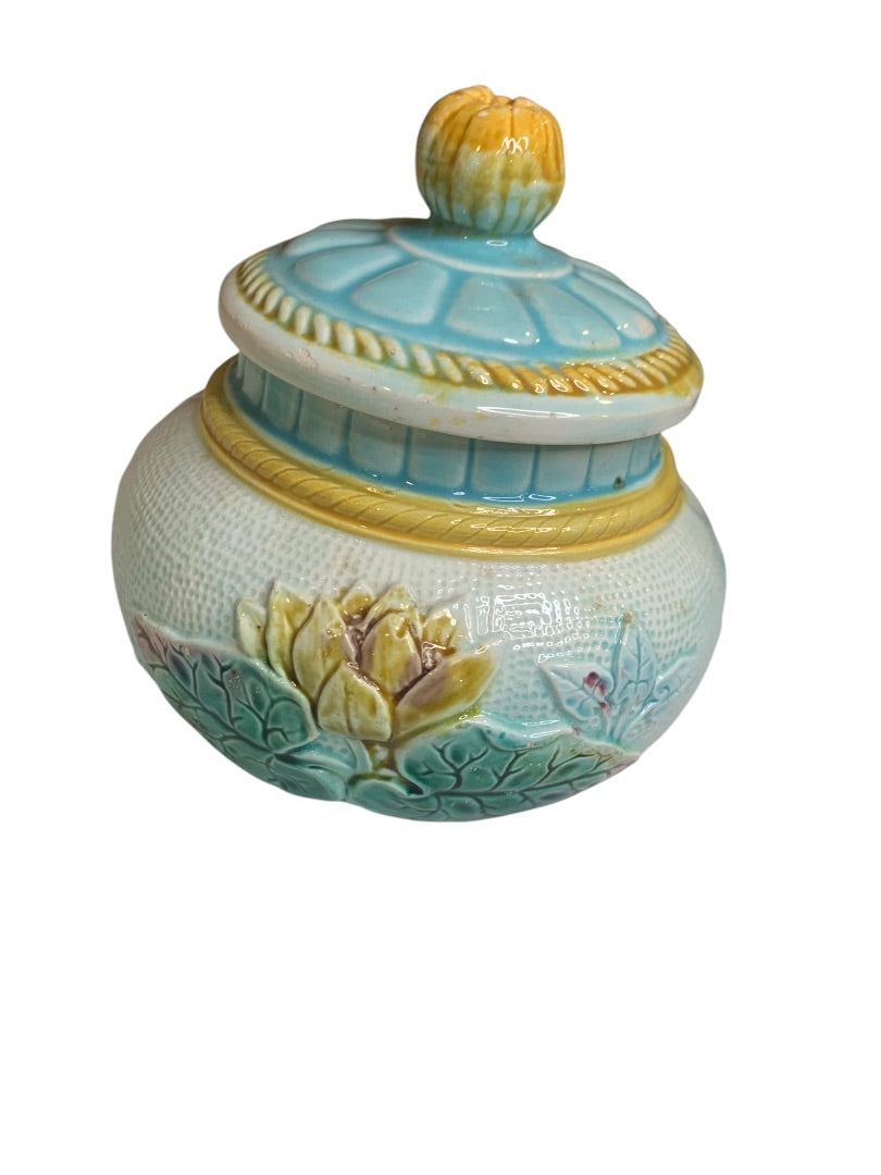 Antique Majolica Lily Pond Lidded Jar Blue Yellow Flower