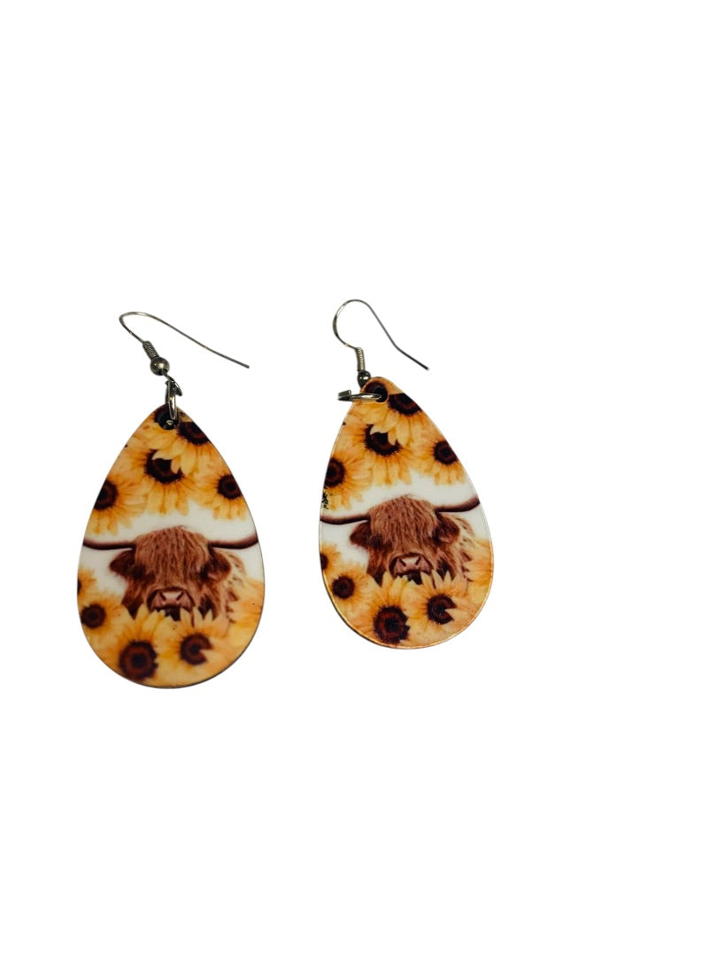 Sunflower Highland Cow Hook Pierced Earrings Lightweight Double Sided