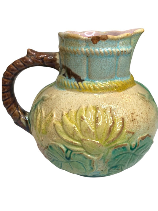 Antique Majolica Water Lily Pond Rope Pitcher Pottery 5 Inch