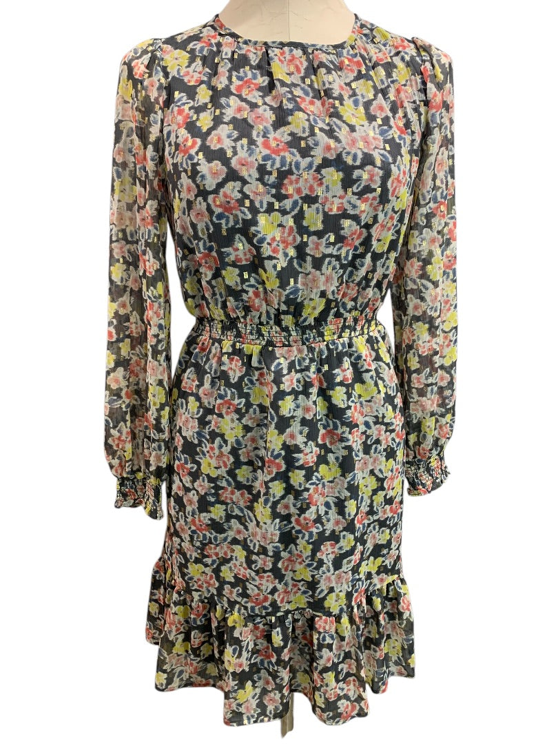 XXS LOFT New Gray Metallic Floral Dress Banded Waist Long Sheer Sleeve