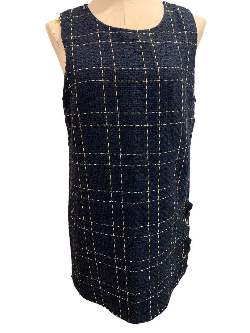 Large Forever 21 Sheath Dress Navy Blue Tweed Gold Threading Sleeveless