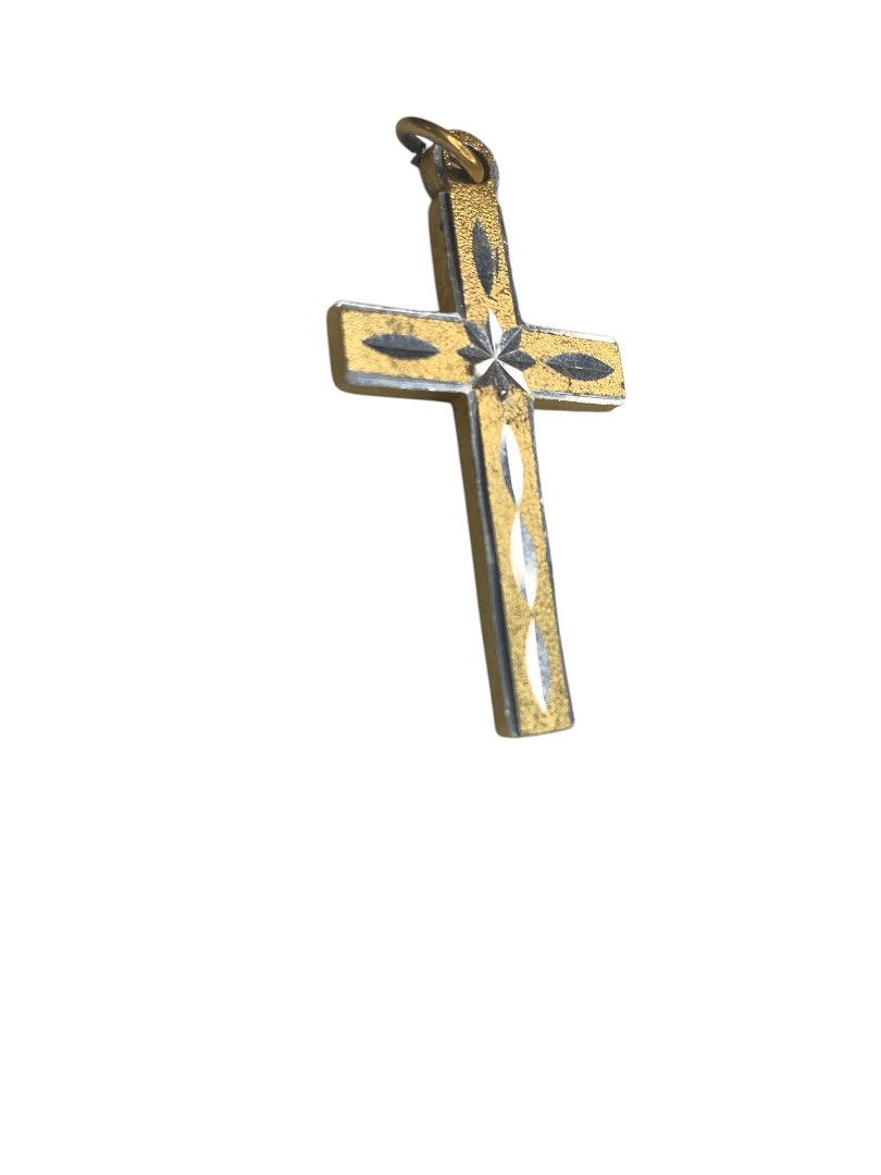 Religious Cross Pendant Goldtone Textured and Silvertone 1.8 Inch