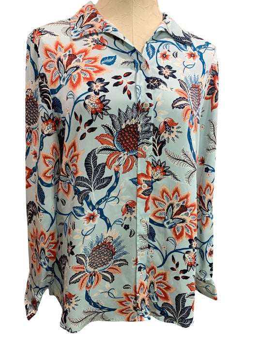 Size 8/10 Chicos Womens Button Up Blouse Shirt Modal Blue Floral