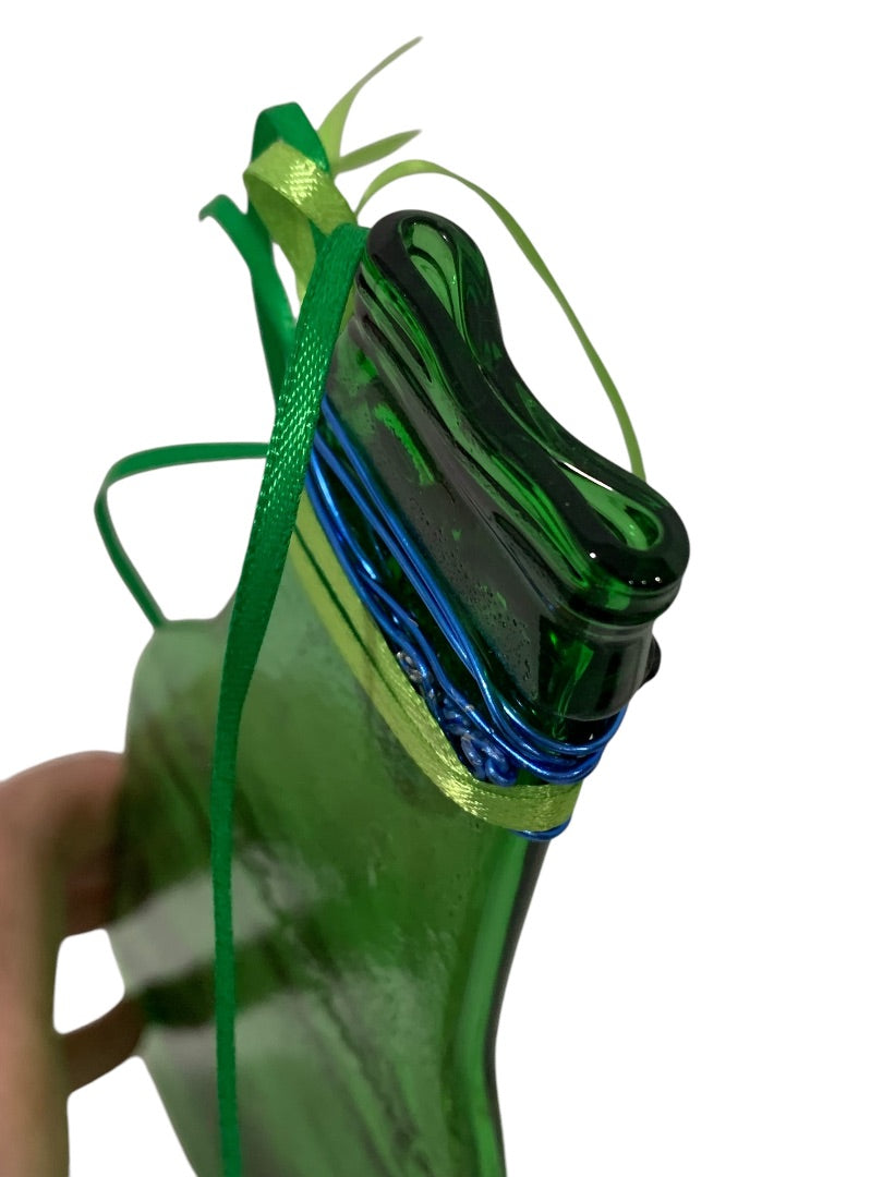 Upcycled Flattened Green Glass Bottle Decorative Neck Ribbon Beads 9.5 Inches