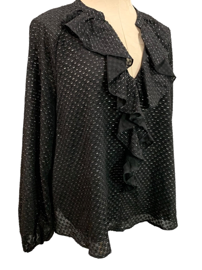 Large Nanette Lepore Womens Black Ruffle Front V-Neck Popover Shirt Blouse