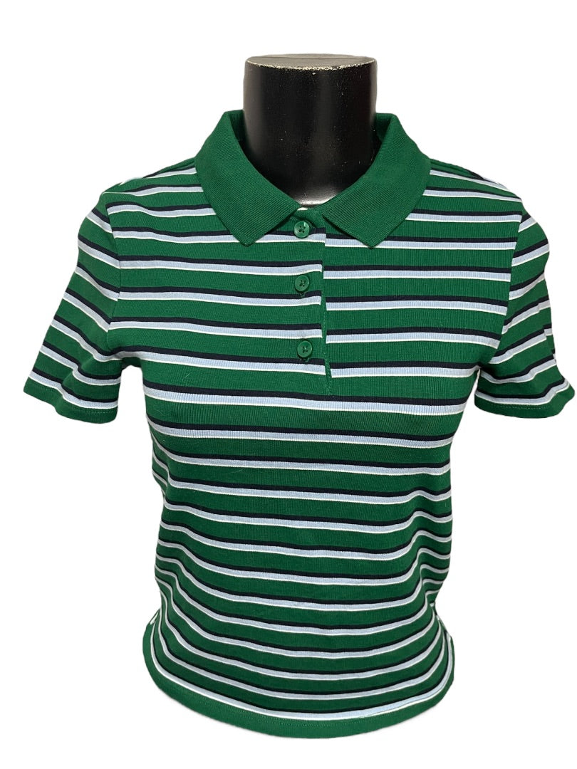 Medium Zara Womens Fitted Waist Length Striped Polo Shirt Green