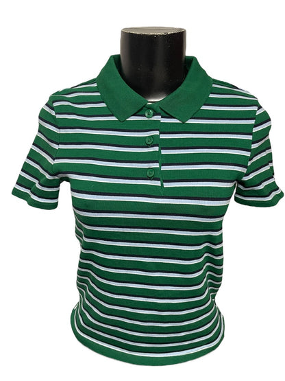 Medium Zara Womens Fitted Waist Length Striped Polo Shirt Green