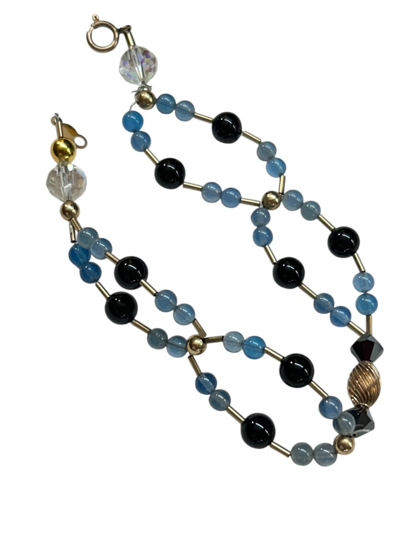 Blue Black Goldtone Shaped Beaded Bracelet 7.5 Inch Spring Clasp