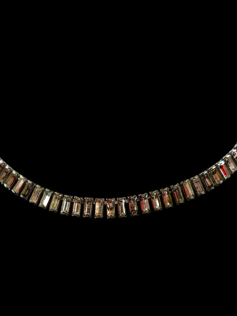 Vintage Emerald Cut Rhinestone Necklace on Snake Chain 16 Inch Box Clasp