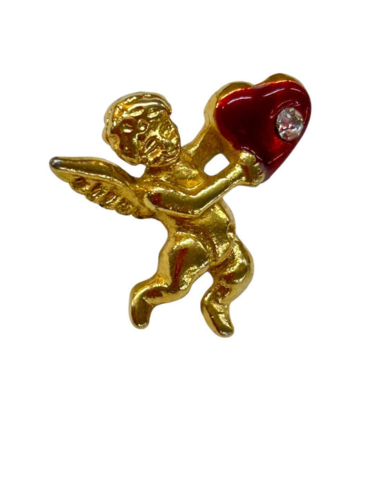 Vintage Goldtone Red Cupid Heart Lapel Pin Small .75 Inch