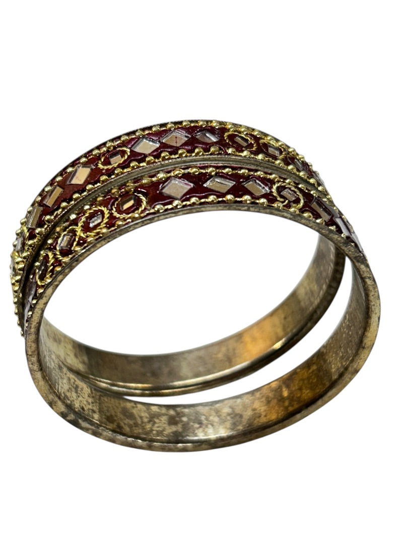 Set of 2 Goldtone and Mirrored Small Bangle Bracelets 2.25" Inside Diameter Burgundy