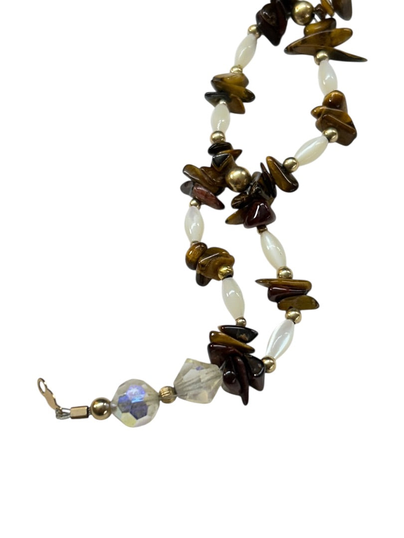 Double Strand Beaded Bracelet White Brown Goldtone Spring Clasp 8"