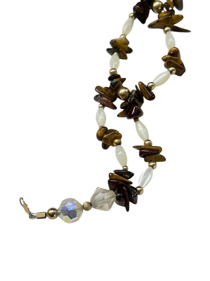 Double Strand Beaded Bracelet White Brown Goldtone Spring Clasp 8"