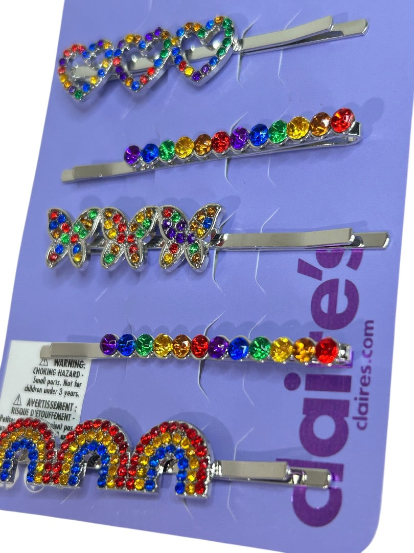Claires New Rainbow Heart Sparkly Hair Bobby Pin Heart Butterfly
