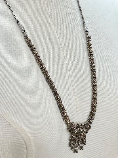 Slide Adjustable Overhead Silvertone Necklace Intricate Beading