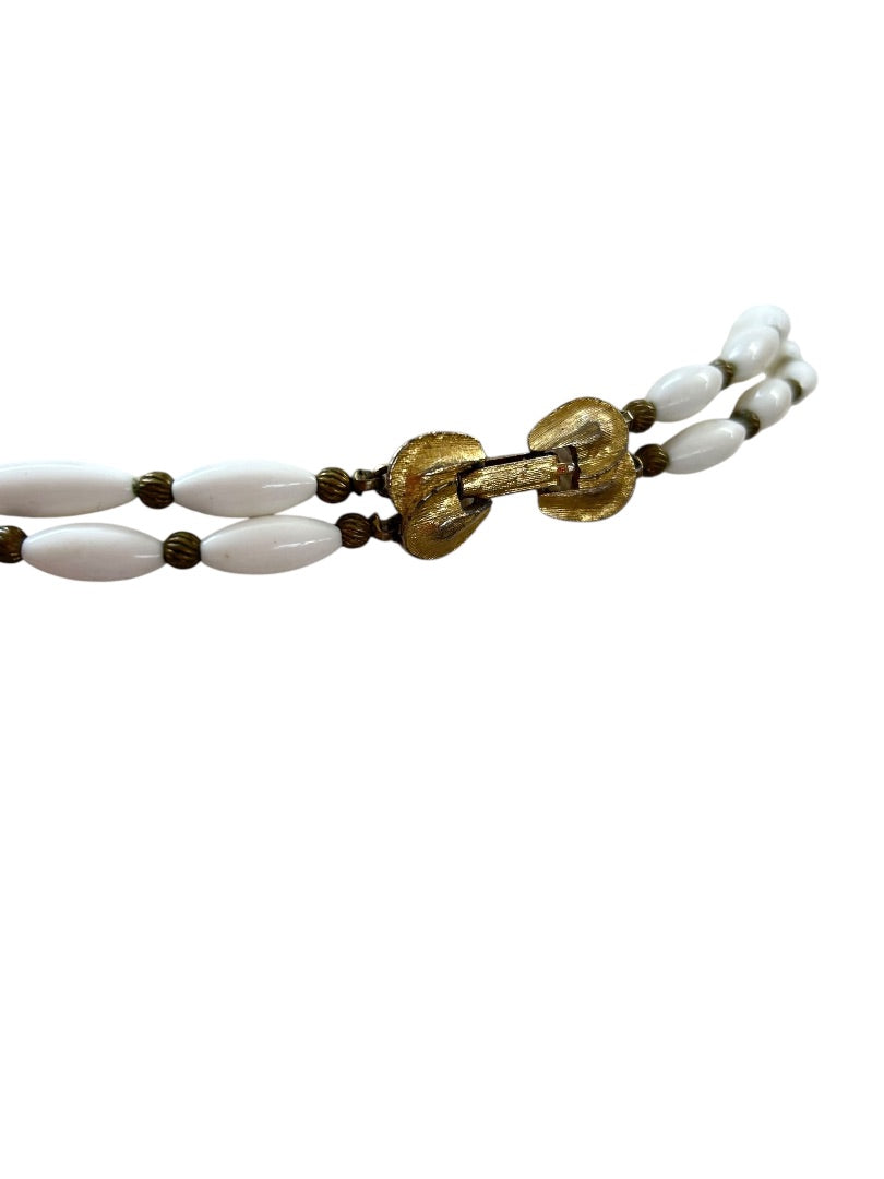 Vintage White Acrylic Bead Necklace Goldtone Foldover Clasp 22 Inch