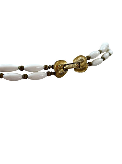 Vintage White Acrylic Bead Necklace Goldtone Foldover Clasp 22 Inch