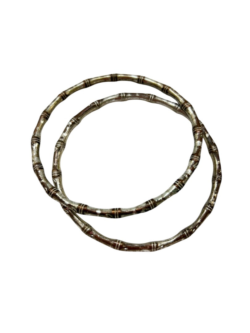 Set of 2 Distressed Silvertone Bangle Bracelets Bamboo Design 2.5 Inch