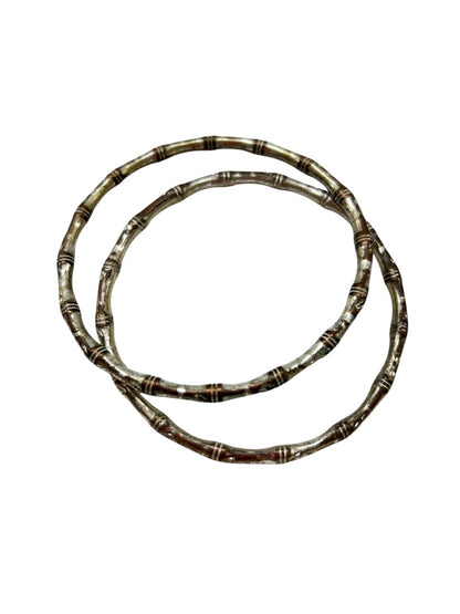 Set of 2 Distressed Silvertone Bangle Bracelets Bamboo Design 2.5 Inch
