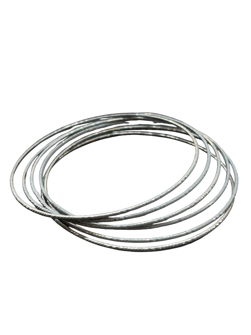 Set of 6 Silvertone Textured Thin Bangle Bracelets 2.6 Inch Inside Diameter