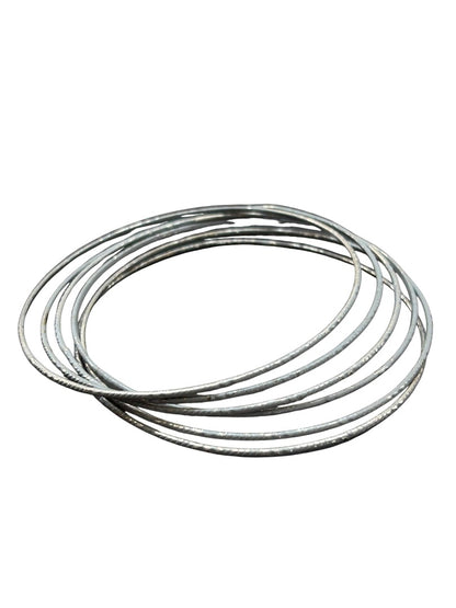 Set of 6 Silvertone Textured Thin Bangle Bracelets 2.6 Inch Inside Diameter
