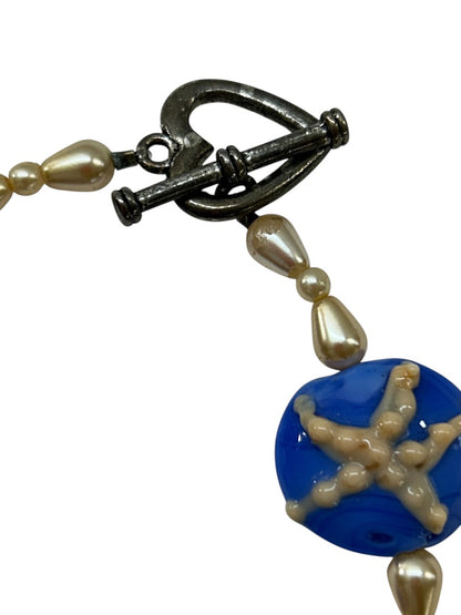 Blue Glass Beaded Starfish Bracelet Toggle Clasp 7.75 Inch