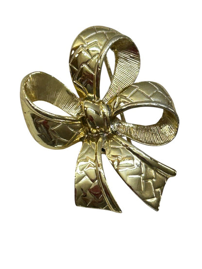 Textured Goldtone Bow Brooch Pin 1.75 Inch Holiday Special Occasion