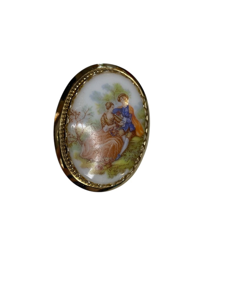 Vintage Fragonard Porcelain Cameo Brooch Pin Romantic Scene 1.9 Inch
