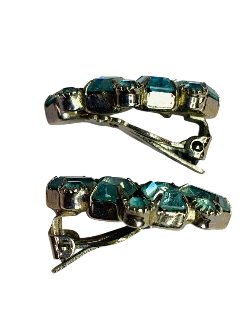 Signed Weiss Blue Crystal Earrings Clip On Non-Pierced 1.25 Inch Silvertone