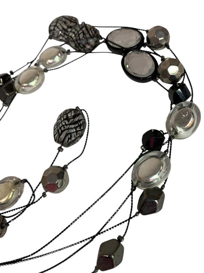 NY Double Strand Black Clear Beaded Necklace 36-40 Inch Lobster Clasp