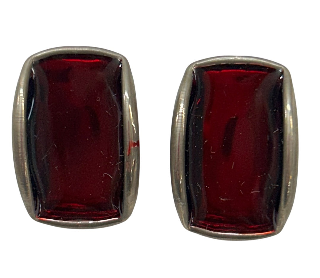 Vintage Fashion Earrings Post Pierced Red Silvertone 1 Inch