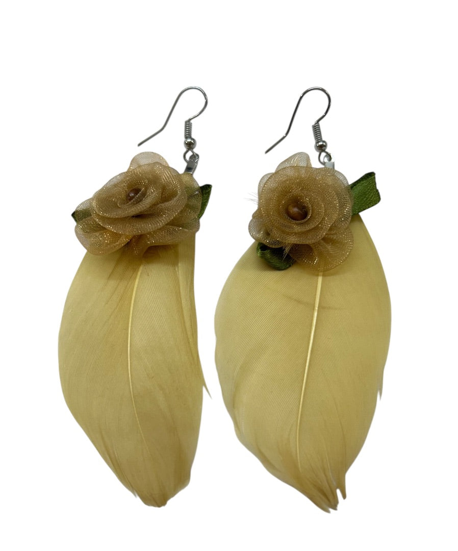 Vintage Fashion Earrings Fabric Feather Rose 3.5" Drop Fish Hook