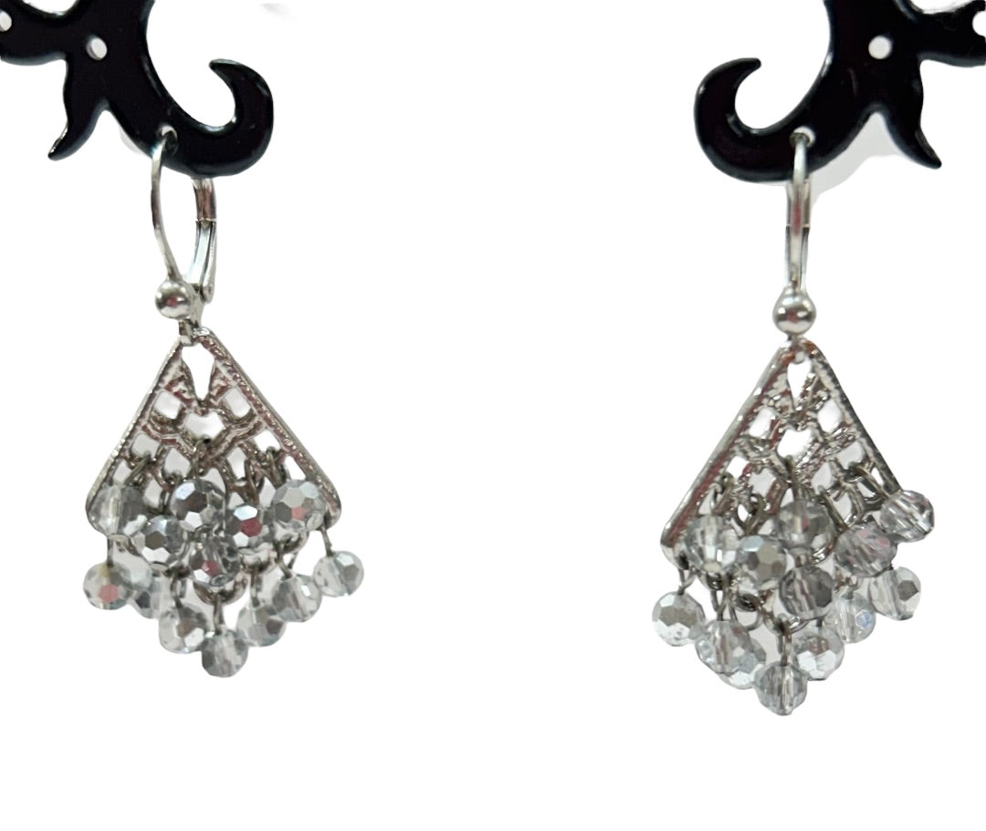 Silvertone Leverback Earrings Gray Crystals 1.5 Inch Drop Dangle