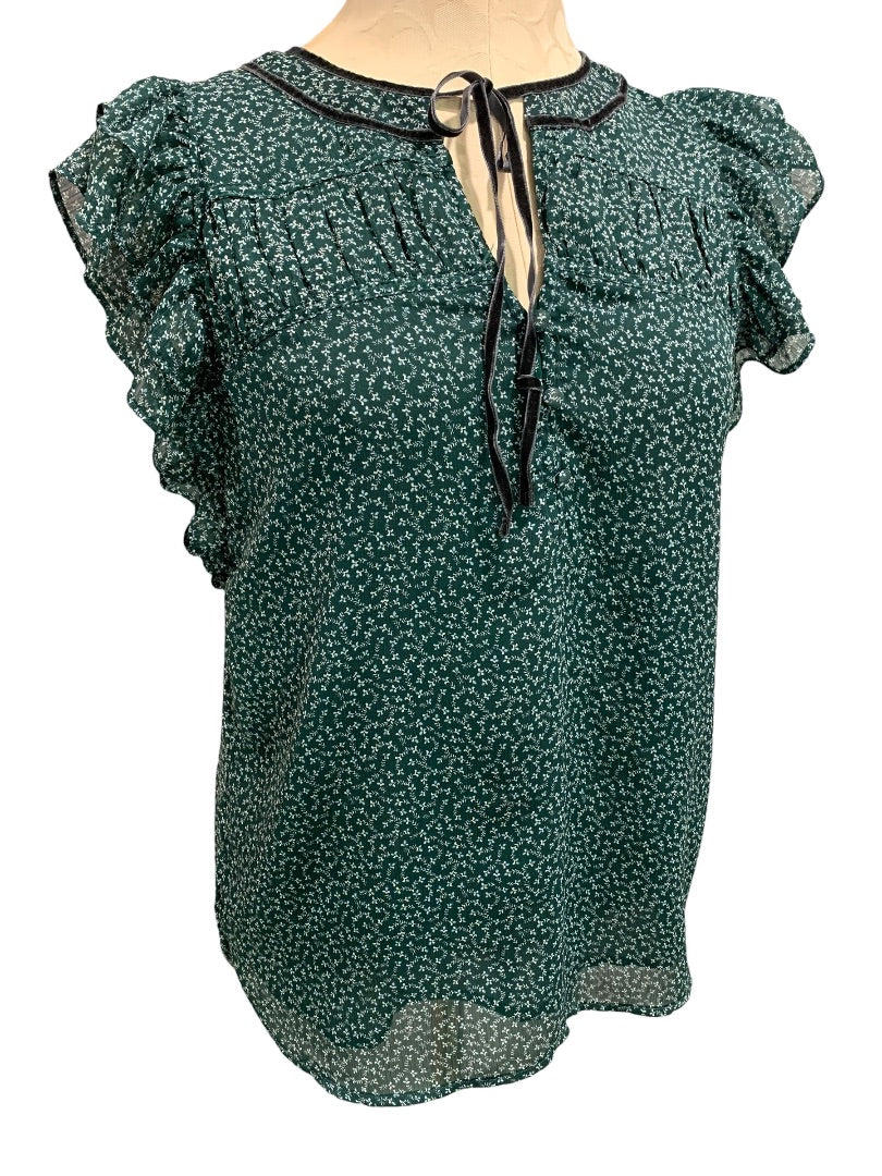 XS Loft Womens Emerald Green Popover Blouse Shirt Velvet Trim Floral